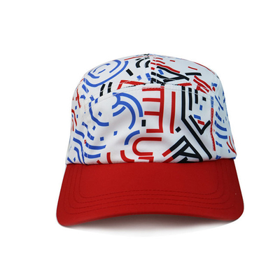 Kualitas tinggi 5 Panel Caps pola sublimasi topi kemping dengan polyester dengan gesper plastik anyaman nilon