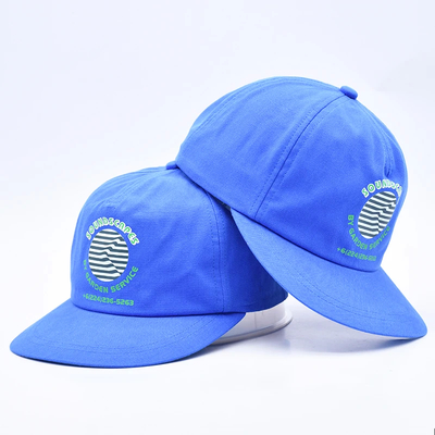 Kualitas tinggi cap snapback cetak khusus biru tidak terstruktur 5 panel flat brim outdoor soft hip hop topi untuk pria