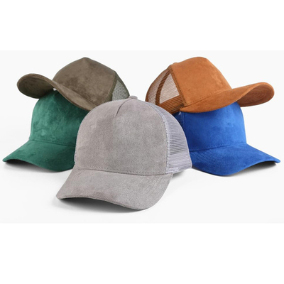 Bernafas Plain Suede Mesh Back Baseball Caps Wanita Trendy 5 Panel Trucker Hat