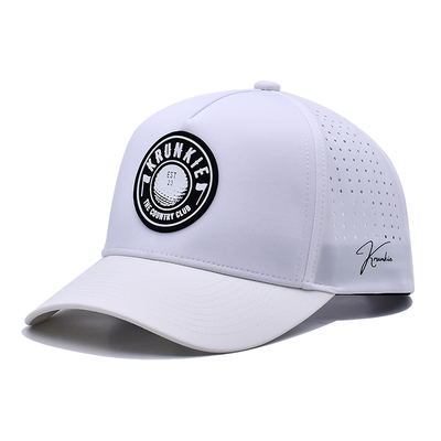 OEM Custom 5 Panel Karet Pvc Logo Laser Cut Hole Perforated Sport Performance Ayah Topi, Putih Waterproof Tahan UV Baseball Cap