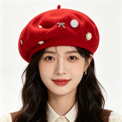 Red Wool Blend Beret dengan daya tahan tinggi untuk semua musim dan ukuran yang disesuaikan