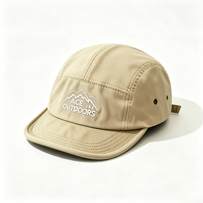 Flat Brim 5 Panel Camper Hat dengan Sports Mesh Sweatband dan Adjustable Hook-and-Loop Strap