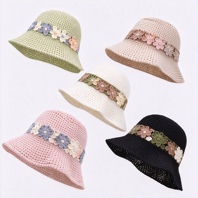 Bunga Band Crochet Bucket Hat Bawang Benang lebar Berkibar Gaya Pakaian Kepala yang sempurna untuk perjalanan Pantai Streetwear sehari-hari