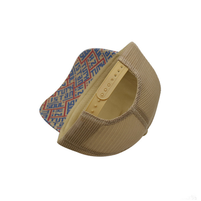 Cetak Patch 5 Panel Trucker Cap Cahaya Kuning Polyester Dan Mesh