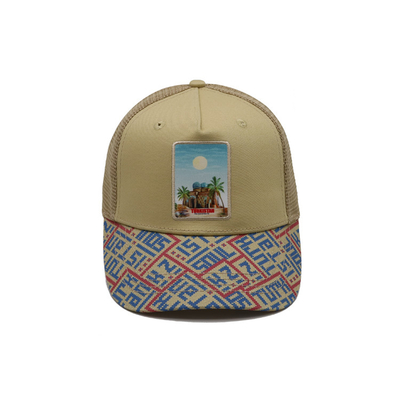 Cetak Patch 5 Panel Trucker Cap Cahaya Kuning Polyester Dan Mesh