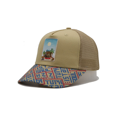 Cetak Patch 5 Panel Trucker Cap Cahaya Kuning Polyester Dan Mesh