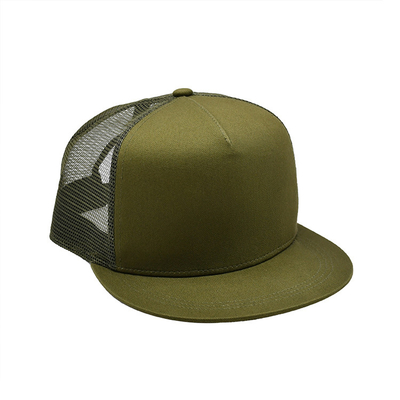 Camo 6 Panel Flat Brim Mesh Cap Custom Logo Army Green Brim Trucker Hat