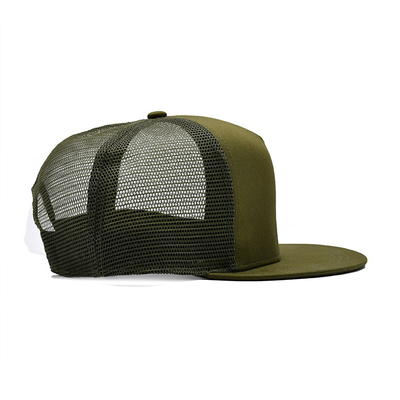 Camo 6 Panel Flat Brim Mesh Cap Custom Logo Army Green Brim Trucker Hat