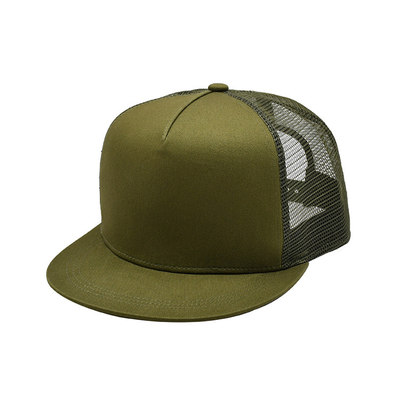 Camo 6 Panel Flat Brim Mesh Cap Custom Logo Army Green Brim Trucker Hat