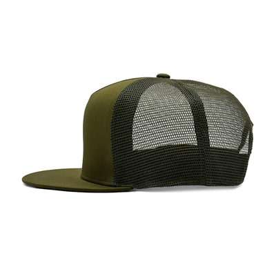 Camo 6 Panel Flat Brim Mesh Cap Custom Logo Army Green Brim Trucker Hat