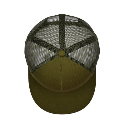 Camo 6 Panel Flat Brim Mesh Cap Custom Logo Army Green Brim Trucker Hat