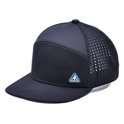 Hitam 6 Panel Trucker Snapback Hat Struktur Konstruksi Custom Karet Patch Logo Kembali 4 Panel Lubang Laser