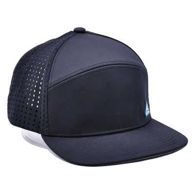 Hitam 6 Panel Trucker Snapback Hat Struktur Konstruksi Custom Karet Patch Logo Kembali 4 Panel Lubang Laser