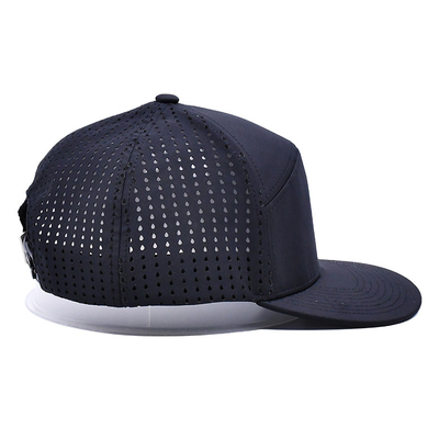 Hitam 6 Panel Trucker Snapback Hat Struktur Konstruksi Custom Karet Patch Logo Kembali 4 Panel Lubang Laser