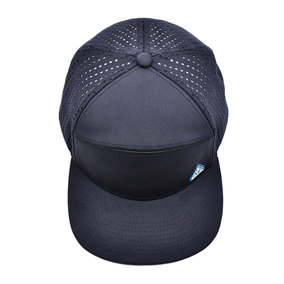 Hitam 6 Panel Trucker Snapback Hat Struktur Konstruksi Custom Karet Patch Logo Kembali 4 Panel Lubang Laser