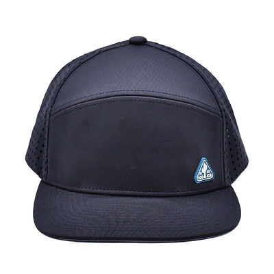 Hitam 6 Panel Trucker Snapback Hat Struktur Konstruksi Custom Karet Patch Logo Kembali 4 Panel Lubang Laser