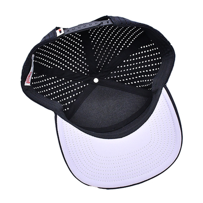 Hitam 6 Panel Trucker Snapback Hat Struktur Konstruksi Custom Karet Patch Logo Kembali 4 Panel Lubang Laser