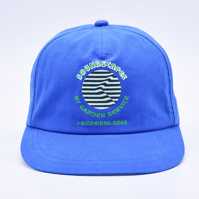 Kualitas tinggi cap snapback cetak khusus biru tidak terstruktur 5 panel flat brim outdoor soft hip hop topi untuk pria