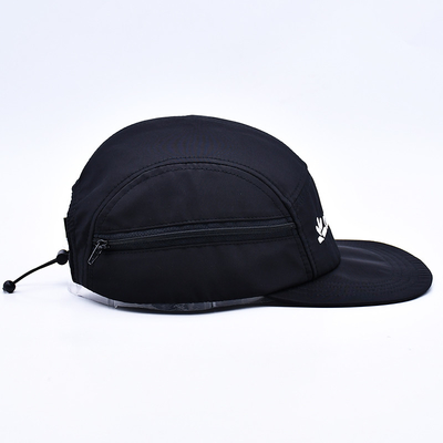 Kualitas Tinggi Tak Terstruktur 5 Panel Camper Hat Custom Hitam Printing Nylon Running Cap Dengan Kantong Dekoratif