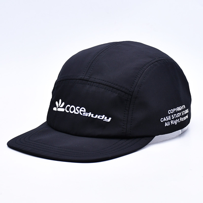 Kualitas Tinggi Tak Terstruktur 5 Panel Camper Hat Custom Hitam Printing Nylon Running Cap Dengan Kantong Dekoratif