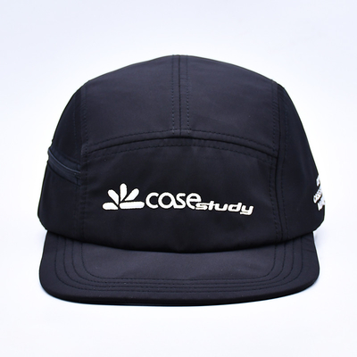 Kualitas Tinggi Tak Terstruktur 5 Panel Camper Hat Custom Hitam Printing Nylon Running Cap Dengan Kantong Dekoratif