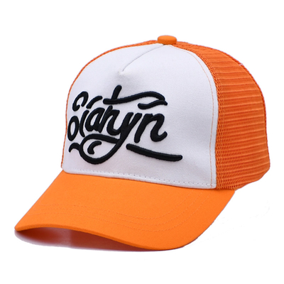 Unisex 5 Panel Trucker Cap Custom 3d bordir melengkung tepi satin dilapisi oranye mesh kembali topi