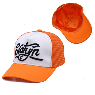 Unisex 5 Panel Trucker Cap Custom 3d bordir melengkung tepi satin dilapisi oranye mesh kembali topi