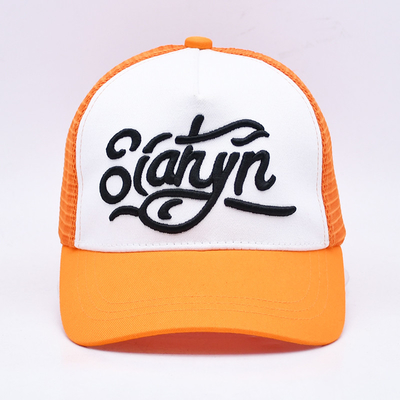 Unisex 5 Panel Trucker Cap Custom 3d bordir melengkung tepi satin dilapisi oranye mesh kembali topi