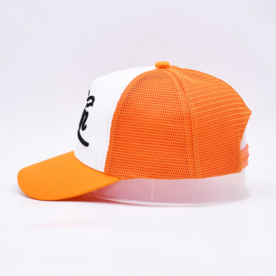 Unisex 5 Panel Trucker Cap Custom 3d bordir melengkung tepi satin dilapisi oranye mesh kembali topi