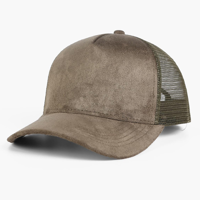Bernafas Plain Suede Mesh Back Baseball Caps Wanita Trendy 5 Panel Trucker Hat