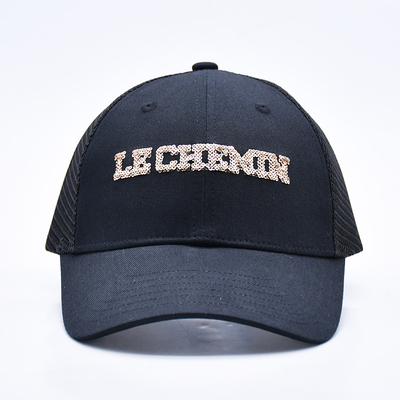 Hitam 6 Panel Mesh Trucker Hat Glitter Trucker Cap Kualitas tinggi Fashion Sequins bordir Trucker Hat