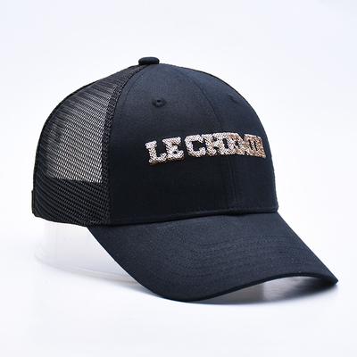 Hitam 6 Panel Mesh Trucker Hat Glitter Trucker Cap Kualitas tinggi Fashion Sequins bordir Trucker Hat