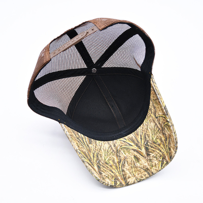 Desain Fashion Curved Brim Sport 6 Panel Trucker Mesh Hat Custom 3d bordir Camo Trucker Cap