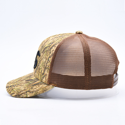 Desain Fashion Curved Brim Sport 6 Panel Trucker Mesh Hat Custom 3d bordir Camo Trucker Cap
