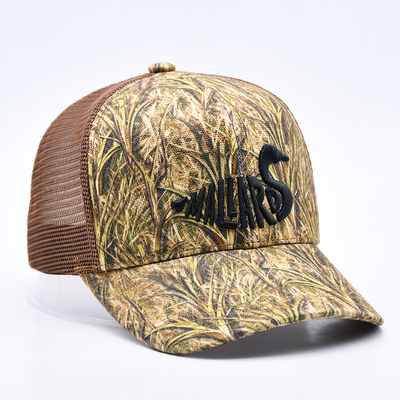 Desain Fashion Curved Brim Sport 6 Panel Trucker Mesh Hat Custom 3d bordir Camo Trucker Cap