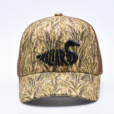 Desain Fashion Curved Brim Sport 6 Panel Trucker Mesh Hat Custom 3d bordir Camo Trucker Cap