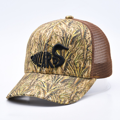 Desain Fashion Curved Brim Sport 6 Panel Trucker Mesh Hat Custom 3d bordir Camo Trucker Cap