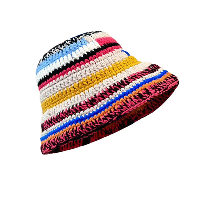 Custom Crochet Hat Musim Gugur Musim Dingin Berwarna Kerajinan Tangan Bergaris Dipakaikan Serbaguna Crochet Bucket Hats tebal Wanita Penangkap Ikan