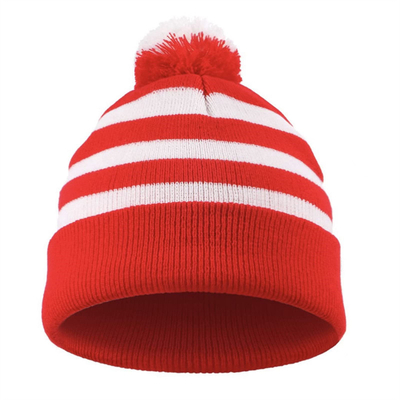 Halloween Beanie Merah dan Putih Bergaris Topi Dipakai Pom Pom Cuff Cap untuk Wanita Pria Aksesoris pesta Natal
