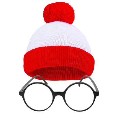 Halloween Beanie Merah dan Putih Bergaris Topi Dipakai Pom Pom Cuff Cap untuk Wanita Pria Aksesoris pesta Natal