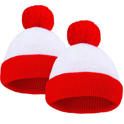 Halloween Beanie Merah dan Putih Bergaris Topi Dipakai Pom Pom Cuff Cap untuk Wanita Pria Aksesoris pesta Natal