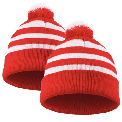 Halloween Beanie Merah dan Putih Bergaris Topi Dipakai Pom Pom Cuff Cap untuk Wanita Pria Aksesoris pesta Natal