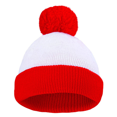 Halloween Beanie Merah dan Putih Bergaris Topi Dipakai Pom Pom Cuff Cap untuk Wanita Pria Aksesoris pesta Natal