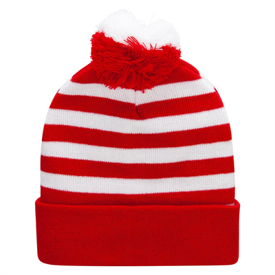 Halloween Beanie Merah dan Putih Bergaris Topi Dipakai Pom Pom Cuff Cap untuk Wanita Pria Aksesoris pesta Natal