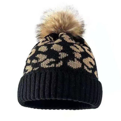 Kualitas Tinggi Pom Pom Musim Dingin Leopard Cetak Beanie Grosir Lembut Panas Merapikan topi Beanie