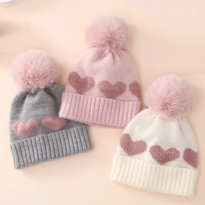 2024 Baru Musim Gugur Musim Dingin Anak Anak Anak Anak Tirai Anak Perempuan Akrilik Bilayer Panas Anak Kecil Beanie Cantik Hati Anak Baru Lahir topi