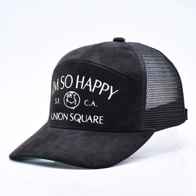 7 Panel Hitam Suede Panel Truk Topi Kualitas Tinggi Mesh Cap Custom Brim Bordir Velvet Truk Topi