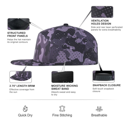 Customized Snapback Cap Performa yang disesuaikan Laser Cut Hole Cap Snapback yang perforasi