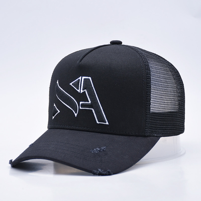 Customisable Curved Black Distressed Trucker Hat Wholesale 5 Panel 3D Broded Trucker Cap
