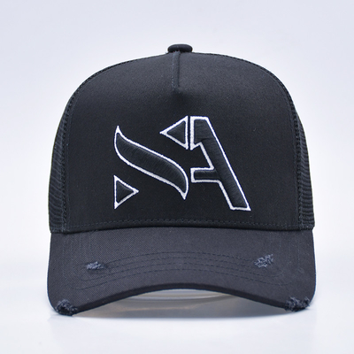 Customisable Curved Black Distressed Trucker Hat Wholesale 5 Panel 3D Broded Trucker Cap